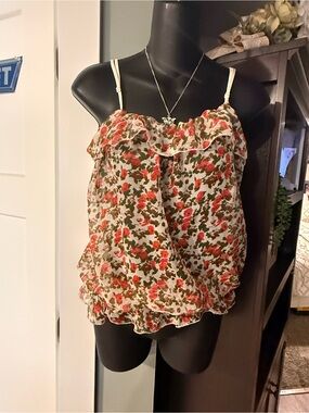 Bozzolo Cream Floral Ruffle Camisole with Red & Green Print